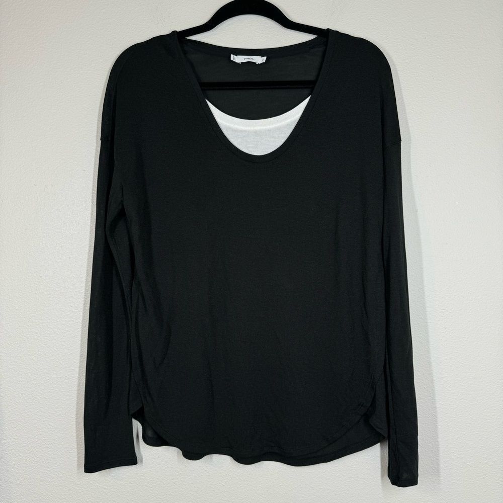 Vince Two Tone Long Sleeve Knit Top Black White Layered Look Women’s Size XS